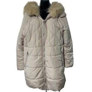 Forever 21 Women's Quilted Puffer Coat Faux Fur Hood Zip Front Beige Size Medium